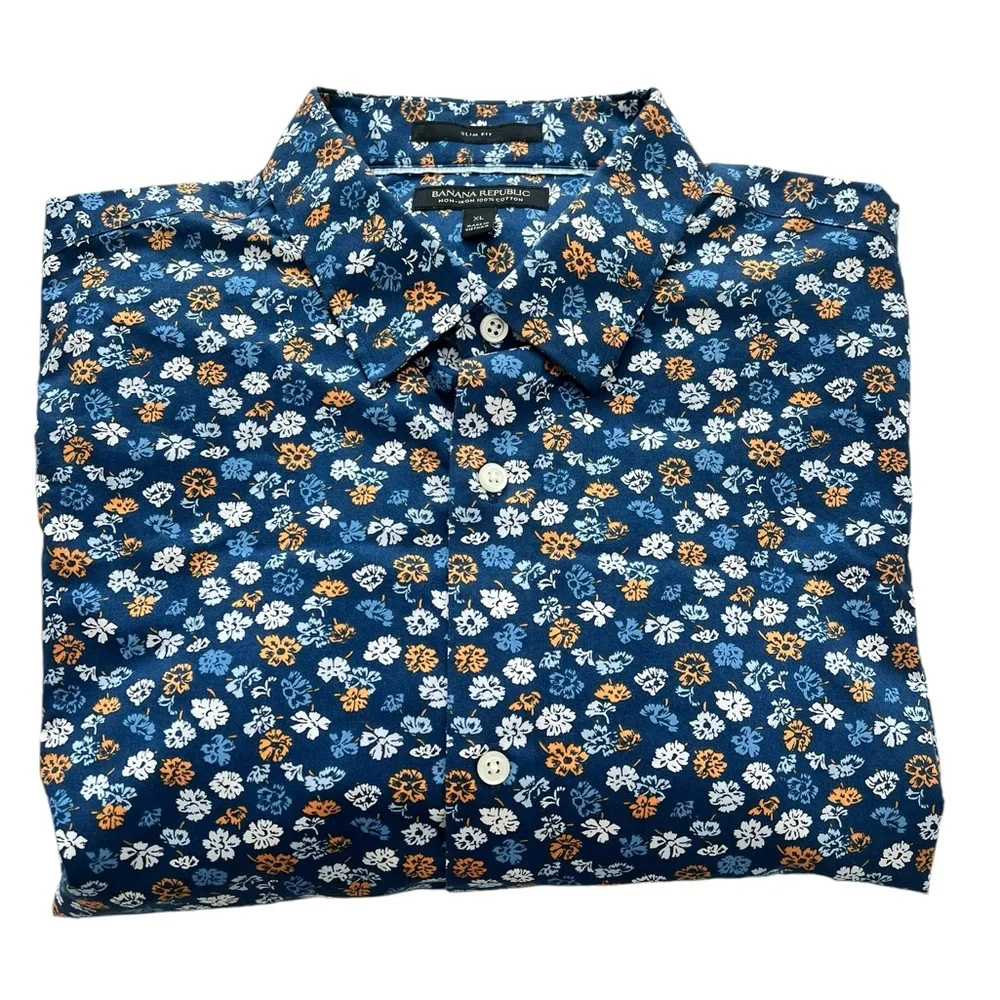 Banana Republic Blue Orange Floral Long Sleeve Dress Shirt Non-Iron Slim Size XL